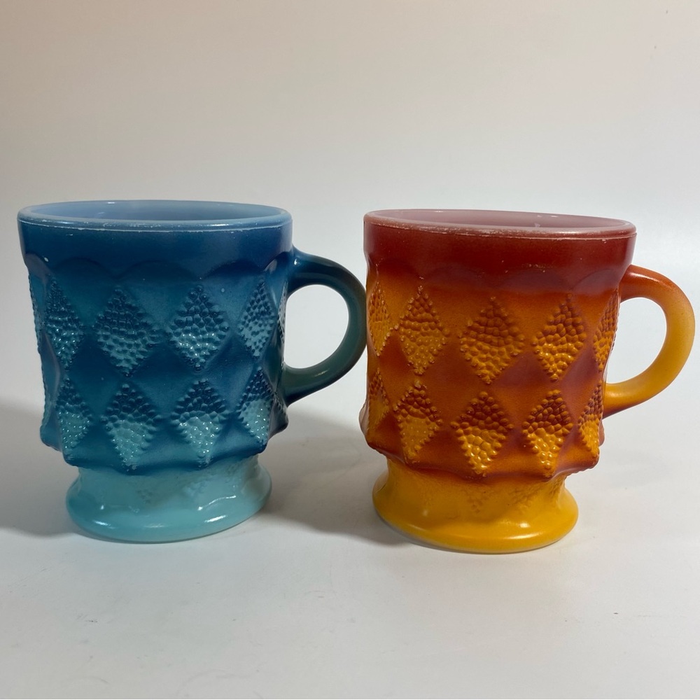 Vintage Fire King milk glass Blue and Orange Diamond Pattern Mugs